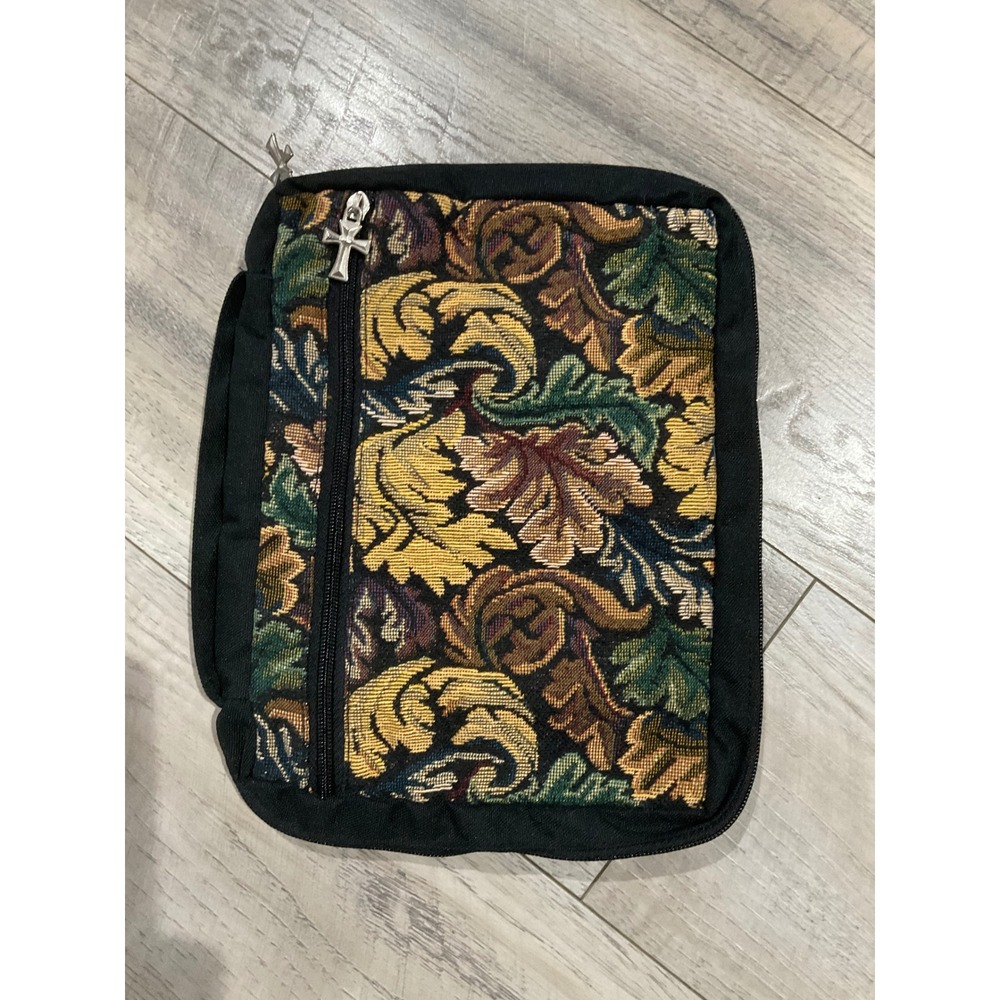 Vintage Tapestry Bible Cover Travel Organizer Cross Charm Floral Acanthus Black